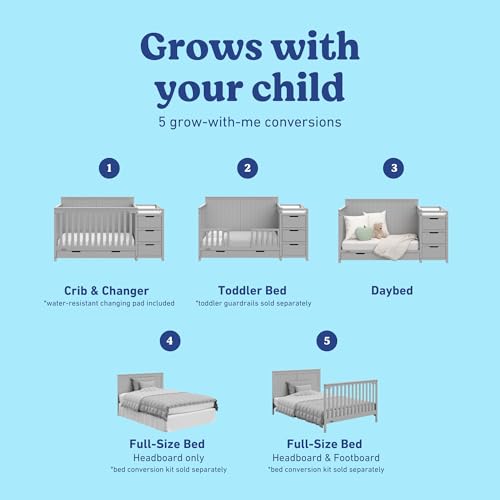 Graco Hadley 5-in-1 Convertible Crib & Changer – GREENGUARD Gold Certified, Fits Standard Crib Mattress, Converts to Toddler Bed and Full Bed, 4 Adjustable Mattress Heights (Pebble Gray)