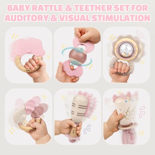 Baby Toys 0-6 Months, Baby Rattles, Teething Toys 3-6 Months, Infant Toys 6-12 Months, 10PCS Pink Sensory Rattles & Teethers with Storage Box, Newborn Shower Gift Girl
