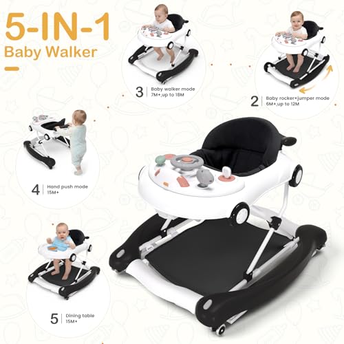 Baby Walker, 5-in-1 Baby Walker for Boys and Girls with Bouncer, Removable Footrest, Music, Foldable & Adjustable Speed Wheels Activity Walker for 6-18 Months Toddler Infant(Black)