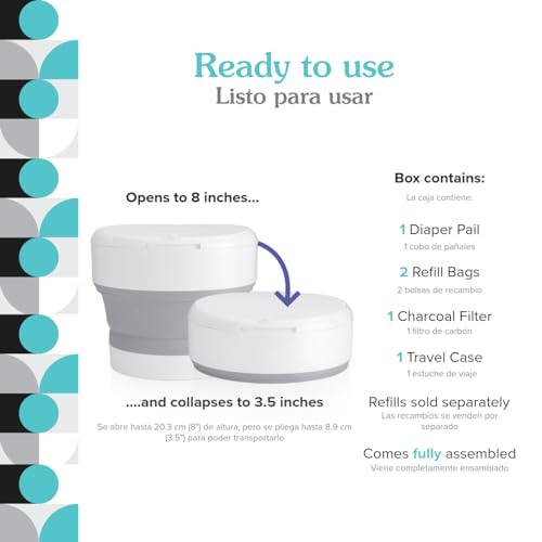 PurePail Go Portable Diaper Pail — White — Superior Odor Control with No Added Fragrance — Collapses for On-The-Go — Compact & Space-Saving