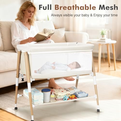 JevrJeur Baby Bassinet, 3 in 1 Bedside Bassinet Sleeper for Newborn, Portable Baby Crib with 4 Detachable Wheels & Adjustable Height, Breathable Mesh & Mattress, Mosquito Net& Storage Basket (White)