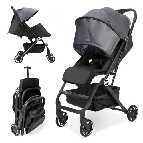 Rollingsurfer Lightweight Baby Stroller for Airplane, Compact Travel Pushchair with Retractable Foot Cover & Reclining Backrest, One Hand Fold Stroller for Toddlers 0-36 Months