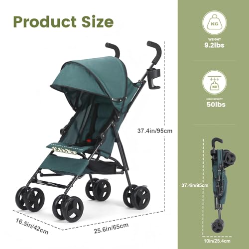 6-36M Baby Stroller, Umbrella Stroller with Foldable Pushchair with Adjustable Canopy, Folding Infant Newborn Pram Stroller with Storage Basket, Cup Holder, Suspension Wheels for Infants (Dark Green)