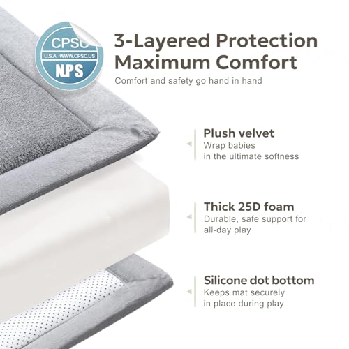 Mallify Ultra Soft 1.3" Thick Baby Play Mat for Floor, Large Velvet 50"x50" Playpen Mat for Babies, Toddlers, Infants, Kids, Baby-Safe & Non-Slip for Tummy Time and Crawling, Gray
