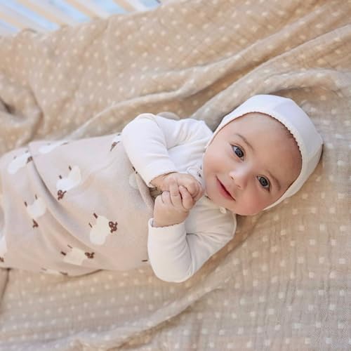 Bleu La La Baby Swaddle Blanket - 100% Luxury Cotton Knit Soft Cozy Lightweight Unisex Receiving Stroller Quilt Blanket for Shower Gift Registry for Newborns Infants Toddlers (Sheep - Khaki)