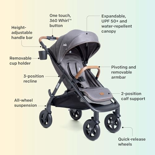 Joie Baby, Caraway Whirl Stroller & Mint Latch Car Seat - Baseless Car Seat & 360 Degree Wheel Travel System (Thunder)