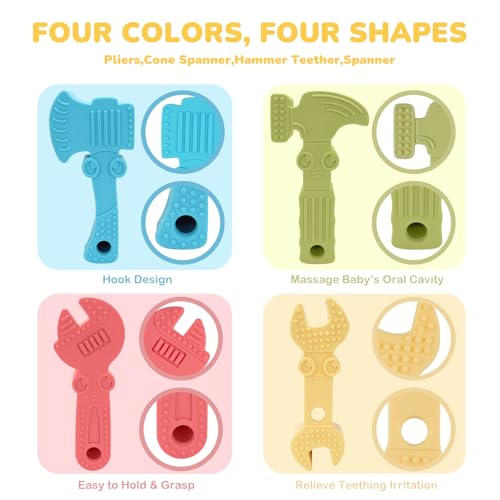 TYRY.HU Baby Teething Toys for Babies 0-6 Months 6-12 Months, BPA Free Silicone Baby Molar Teether Chew Toys, Hammer Wrench Spanner Pliers for Boys Girls, Soft-Textured, Easy to Hold & Clean, 4 Packs
