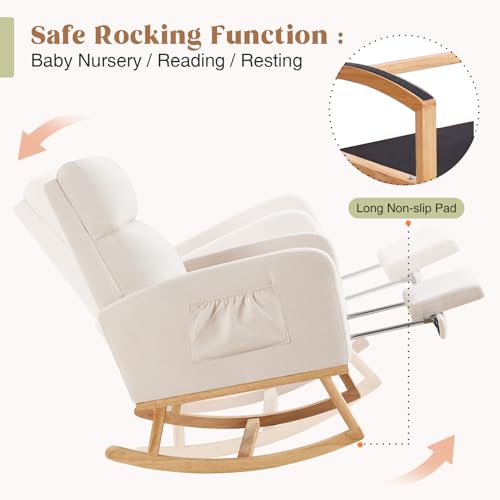 HCHAIRH Rocking Chair Nursery, Nursing Rocking Chairs with Foot Rest for Mom Nursery, Glider Rocker Chair with Footrest and High Backrest for Living Room, Bedroom, Beige