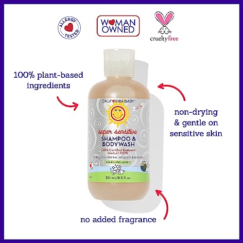 California Baby Super Sensitive Baby Shampoo + Baby Wash | 100% Plant-Based | Unscented Body Wash For Sensitive Skin | Hypoallergenic | 251mL / 8.5 oz
