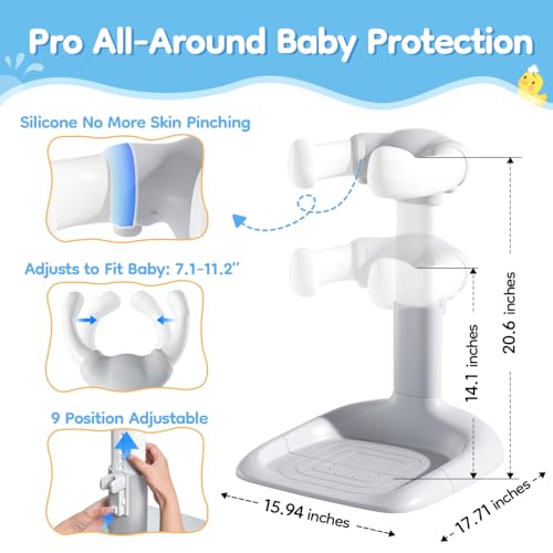 Upgraded Baby Shower Stand with Anti-Pinch Silicone & Anti-Slip Base, Adjustable Height Baby Bath Standing Support, Soporte para Bañera de Bebé Assist Holder for 6-36 Months Toddler, Ideal Gift, Gray