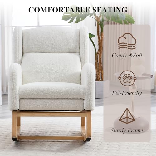 NIOIIKIT Nursery Rocking Chair with Footrest, Teddy Upholstered Glider Chair, Rocker Nursery Chair with Side Pocket, Glider Rocker, Accent Reading Chair for Living Room (White Teddy)