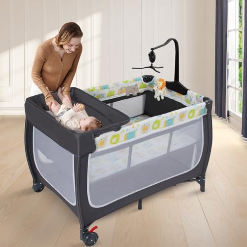 ANNA QUEEN 4 in 1 Pack and Play,Portable Baby Crib Deluxe Nursery Center, Foldable Travel Playard,Adjustable Canopy,Music Box,Changing Table for Newborn, Infant,Toddler