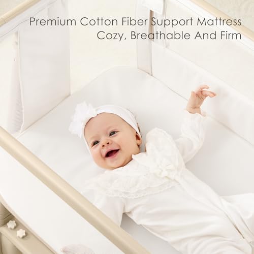 ANGELBLISS Electric Baby Bassinet Bedside Sleeper with Auto Rocking, Remote/Touch Control, 3 Timer Modes, 12 Sounds, 6 Heights, Storage & Wheels (Beige)
