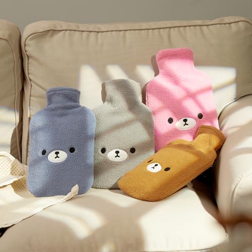 samply Hot Water Bottle with Cute Fleece Cover, Hot Water Bag for Hot and Cold Compress, Hand Feet Warmer, Ideal for Neck and Shoulder, Brown Bear