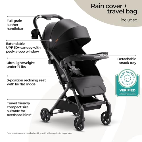 Mompush Lithe V2 Lightweight Travel Stroller, Compact Foldable Baby Stroller with Travel Bag, One-Hand Fold Stroller, Snack Tray, Mechanical Recline Seat, Airplane-Ready, UPF 50+ Canopy & Rain Cover