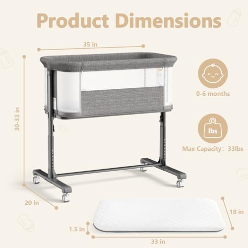 Kinder King Baby Bassinet Bedside Sleeper, Newborn Baby Bedside Crib w/Wheels, All-Sided Mesh, Adjustable Height, Removable Soft Mattress, No Tool to Assemble, Grey