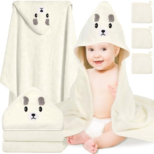 Sublaga 4 Pcs Baby Towels Set, 32x32 in Hooded Bath Towel and 3 Pcs Baby Washcloths for Newborns, Toddlers, and Kids, Soft Baby Towels and Washcloths Set for Boys and Girls (White Bear)