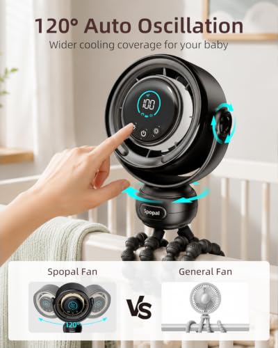 Spopal Portable Baby Stroller Fan, 120° Auto Swing 100-Speed Quiet with LED Display Clip Fan for Stroller, 3-Level Night Light, Powerful Cooling Fan for Car Seat, Crib, Travel - Black