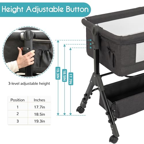 BCOL Baby Bassinet, Bedside Bassinet for Baby, 3 in 1 Bassinet Bedside Sleeper with Wheels, Mosquito Net, Adjustable Easy Folding Portable Bed for Infant Newborn (Dark Grey)