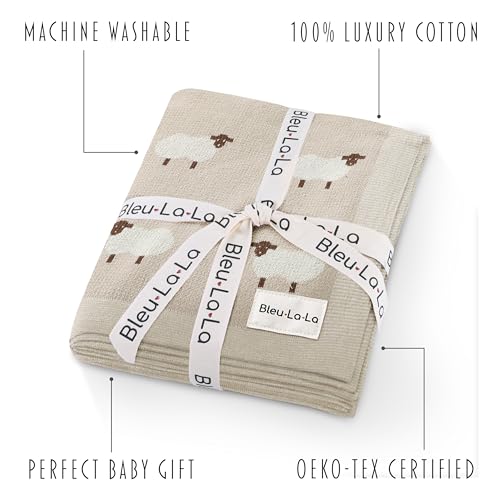Bleu La La Baby Swaddle Blanket - 100% Luxury Cotton Knit Soft Cozy Lightweight Unisex Receiving Stroller Quilt Blanket for Shower Gift Registry for Newborns Infants Toddlers (Sheep - Khaki)