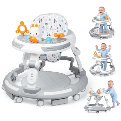 Baby Walker with Wheels - Foldable Baby Walker,4-in-1 Baby Walkers for Boys and Girls 6-12 Months, Infant Walker with Adjustable Height, Baby Activity Walker with Toys, Music, Lights, Anti-Rollover