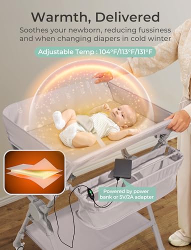 Baby Changing Table, Auto Warmer Portable Folding Changing Table with Wheels, Waterproof Diaper Changing Station with 2 Drawers, Adjustable Height, Baby Changing Station for Infant, Newborn
