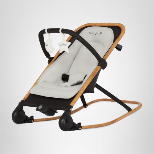 Dream On Me Rock On Me 2-in-1 Baby Rocker and Stationary Seat, Adjustable Recline, Gentle Music & Vibration, 3-Point Safety Harness, Detachable Toy Bar, Folds Compact for Travel – Black & Grey