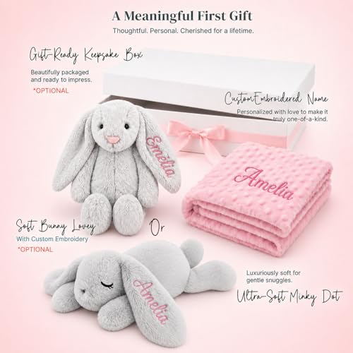 Personalized Baby Blanket and Plush Bunny Set, Custom Baby Blankets and Rabbit with Name, Personalized 2 in 1 Gift Set for Boy Girl Toddlers, Minky Dot Swaddle, Gift Set for Showering, Birthday