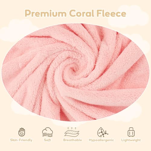 UNIMADE Hooded Towel for Newborn, 2 Pack Soft Coral Fleece Baby Towels, Ultra Absorbent Bath Cloths Bulk for Infants, Toddlers, Newborn Essential- 30 x 30 inch - Pink & White
