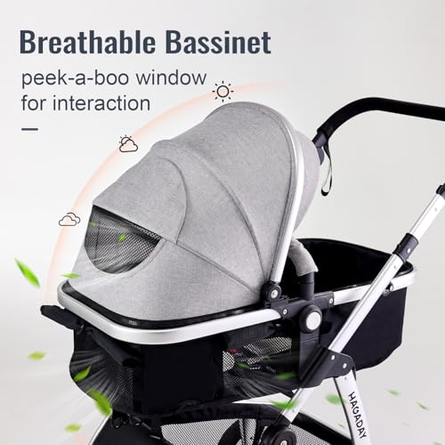 Hagaday Baby Stroller, 2-in-1 Reversible Toddler Seat with Basket Mode, Foldable Infant Stroller with Canopy, One Button Brake, Adjustable Handle, Newborn Pushchair (Gray)