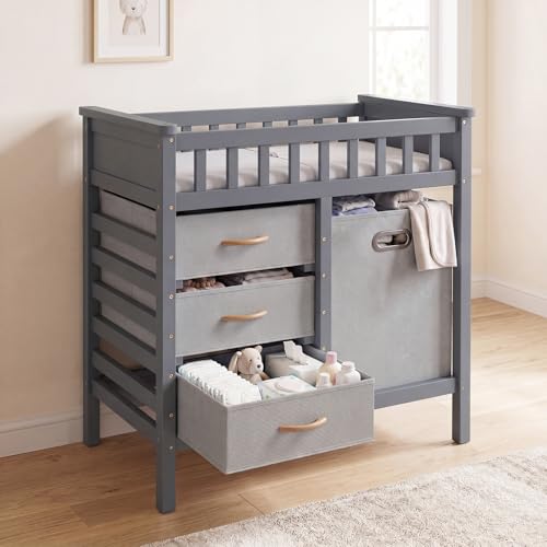INFANS Wooden Baby Changing Table with Comfy Changing Pad, 3 Fabric Drawers, Laundry Hamper, Safety Belt, Diaper Station Dresser for Nursery Infant (Light Gray)