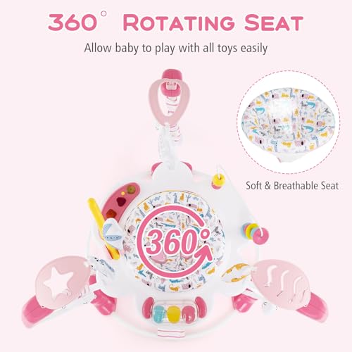 INFANS Baby Activity Center, 3 in 1 Play Center Jumpers and Bouncers with Music, Lights, Interactive Toys, 360°Rotating Seat, 3 Adjustable Heights, Exersaucer Learning Toys for Baby 6-12 Months (Pink)