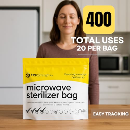 Max Strength Pro Microwave Steam Sterilizer Bags 20pc for Baby Bottles, Soothers, Teethers, Breast Pump Parts, Training Cups, Accessories, Reusable Large Bags, 20 Uses Per Bag, Easy Tracking System