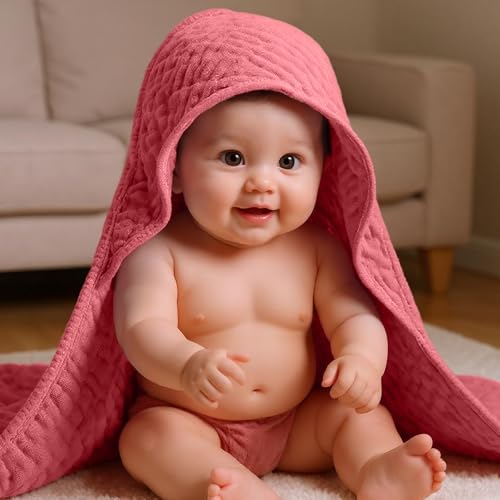 Peryiter 4 Pcs Baby Towels Cotton Muslin Hooded Baby Towels for Newborn Infant Toddler Large 32 x 32 Inch Soft Absorbent Blankets Bath Essentials Registry Gifts for Girl Boy (Purple Series)