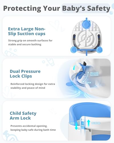 ONTHEWEI Baby Bath Seats for Babies Sitting Up, Non-Slip Baby Bathtub with 3 Suction Cups, Safe & Comfortable Toddler Bath Seat Ideal for Baby Bath/Shower Support, Stable Design, Blue (6-24 Months)