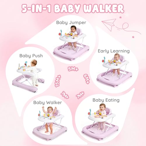 Baby Walker with Wheels, 5-in-1 Foldable Push Walker for Baby Girls 6-12 Months, Baby Walker & Bouncer Combo, Adjustable Height, Music Light Infant Activity Center Bouncer Walker(Pink)