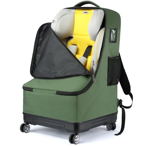 TUGUAN Car Seat Travel Bag for Airplane with Spinner Wheels, Infant Car Seat Bags for Air Travel with Hard Bottom, Padded Car Seat Backpack, Large Car Seat Storage Bag Airport Check, Green