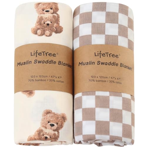 LifeTree Muslin Swaddle Blankets, Baby Swaddling Wrap Nursery Blanket Unisex, Soft 70% Viscose from Bamboo and 30% Cotton, Large 47 x 47 inches, Bear & Checkered Swaddle Blanket