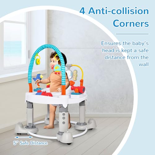 INFANS Baby Bouncer Activity Center, 5 in 1 Toddler Bouncing Activity Saucer Playtime Mat Activity Table with 360°Rotating Seat, 3 Adjustable Height, Foldable Exersaucer Learning Walker (Light Grey)