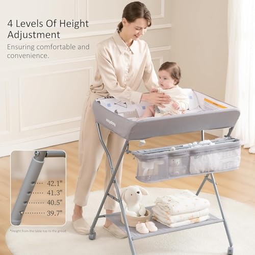 Baby Changing Table with Wheels, Maydolly Portable Adjustable Height Folding Diaper Station with Nursery Organizer & Storage Rack for Newborn Baby and Infant (Light Grey)