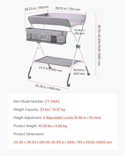 VEVOR Baby Changing Table, Foldable Diaper Change Station with Side Basket, Adjustable Height Changing Table with Lockable Wheels, Multi-Functional Nursery Storage Organizer, Gray