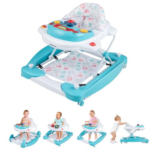 HONEY JOY Baby Walker, 6-in-1 Foldable Baby Walker and Bouncer Combo, Infant Activity Walker with Wheels, Adjustable Heights, Rocker, Music, Lights, Walker for Baby Boy Girl 7-14 Months (Green)