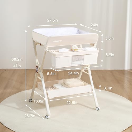 Maydolly Changing Table，Portable Diaper Changing Station, Foldable Baby Changing Table,Compact Nursery Diaper Changing Table for Baby，Adjustable Height，Mobile on Wheels (Beige)