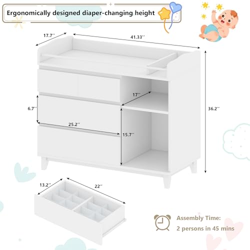 Einhomn Baby Changing Table Top, Multi-Functional Nursery Changing Table, 4 Drawers with 2 Open Shelves, Bedroom, White