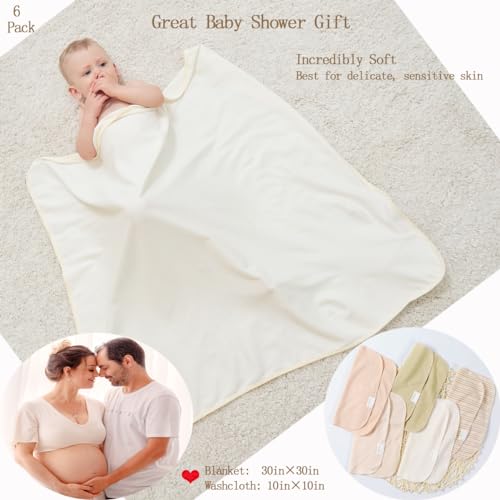 Smluckyg 6 Pack Organic Cotton Baby Bath Set, Ultra Soft Embroidered Hooded Towel and 5 Washcloths, Premium Gentle Newborn, Toddlers Gift for Sensitive Skin, Brown 30 x 30 Inch