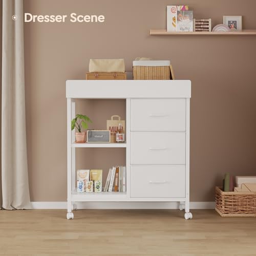 YeTom Changing Table Dresser, Baby Dresser with 3 Fabric Drawers and 2 Shelves, Multi-Functional Baby Changing Table with Pad, Classic Nursery Dresser, Diaper Changing Station for Nursery, White