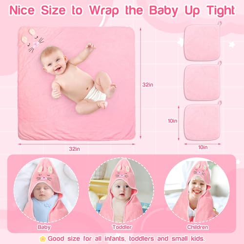 4 PCS Hooded Baby Towels Set, Absorbent Baby Bath Towel, Soft Baby Towels and 3 PCS Baby Washcloths for Newborns, Toddlers, and Kids, 32x32 in Baby Towel with Hood for Boy and Girl (Pink Kittens)
