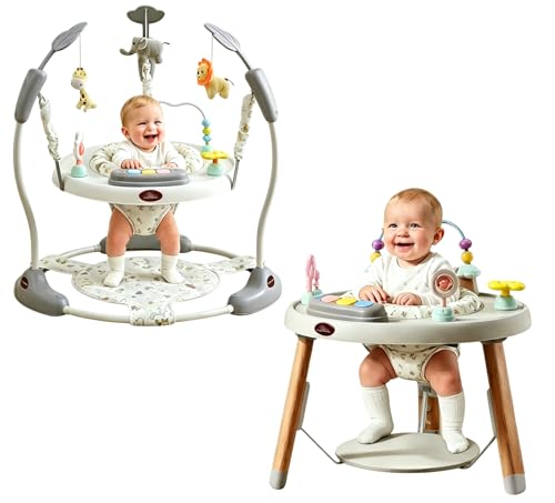 CuddoBaby Baby Jumper 4-Stage Convertible| Montessori -Inspired 8 Interactive Toys| Tummy Time Playmat, Bouncer, Exersaucer, Toddler Table| Music & Lights | 3-6, 6-12, 12-18, 12-24 Months - Gray