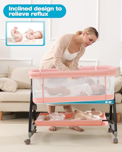 Bedside Bassinet for Baby, 3 in 1 Breathable Mesh Baby Bassinet, 6 Height Adjustable, Easy to Assemble, Bassinet Bedside Sleeper with Wheels, Mosquito Net, Storage Basket, Bassinets for Newborn Baby