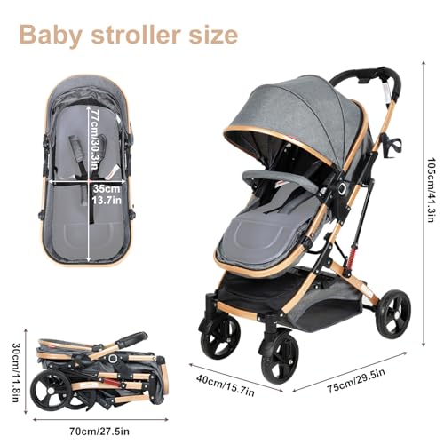 2 in 1 Baby Stroller Newborn Stroller Foldable Convertible Infant Stroller Pushchair Folding High Landscape Infant Carriage,Toddler Pushchair Gray Baby Stroller